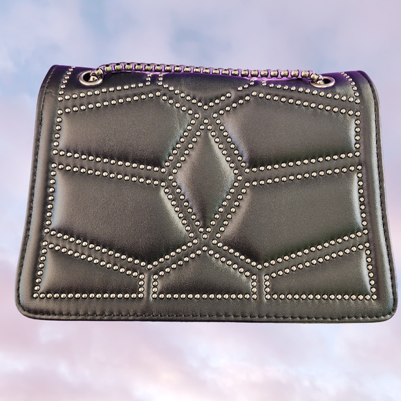 Black Sleek Faux Leather Studded Goth Punk Clutch Purse Chain Strap - Picture 4 of 9